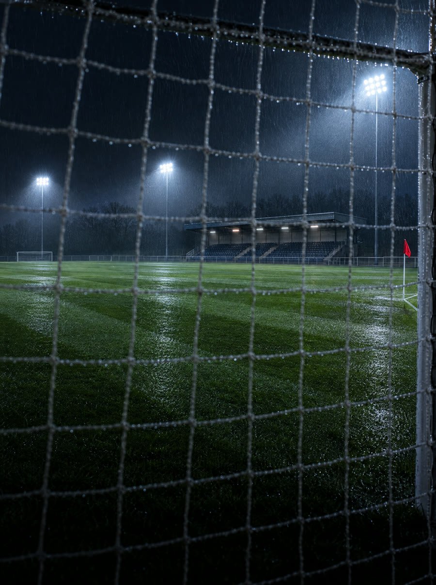 A floodlit community football pitch seen through a wet goal net at night