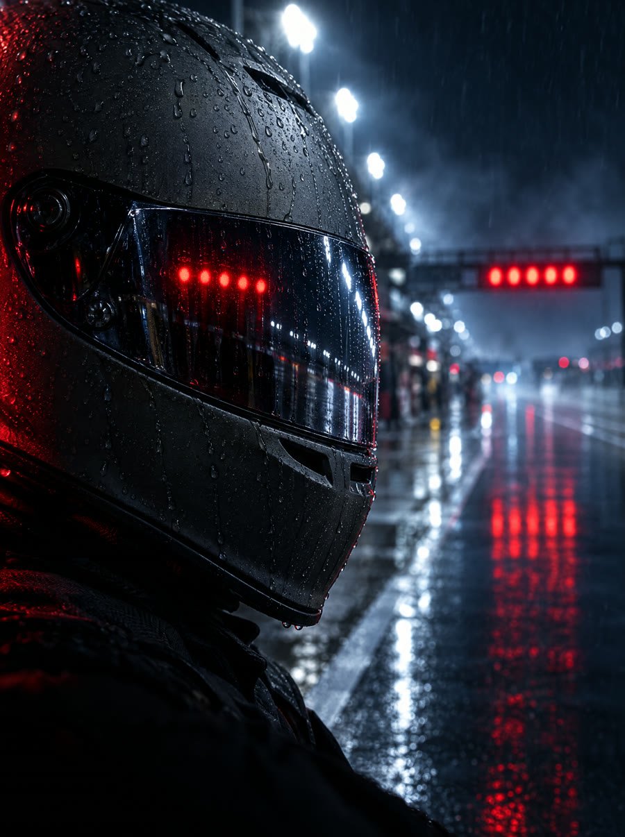 A rain-soaked race helmet reflecting red start lights in a pit lane at night