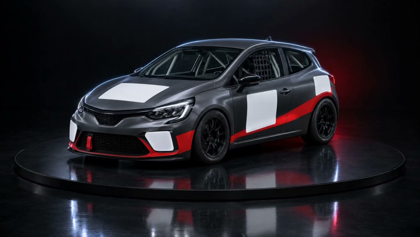 A demo club race car in satin graphite with blank white sponsor panels, on a studio turntable