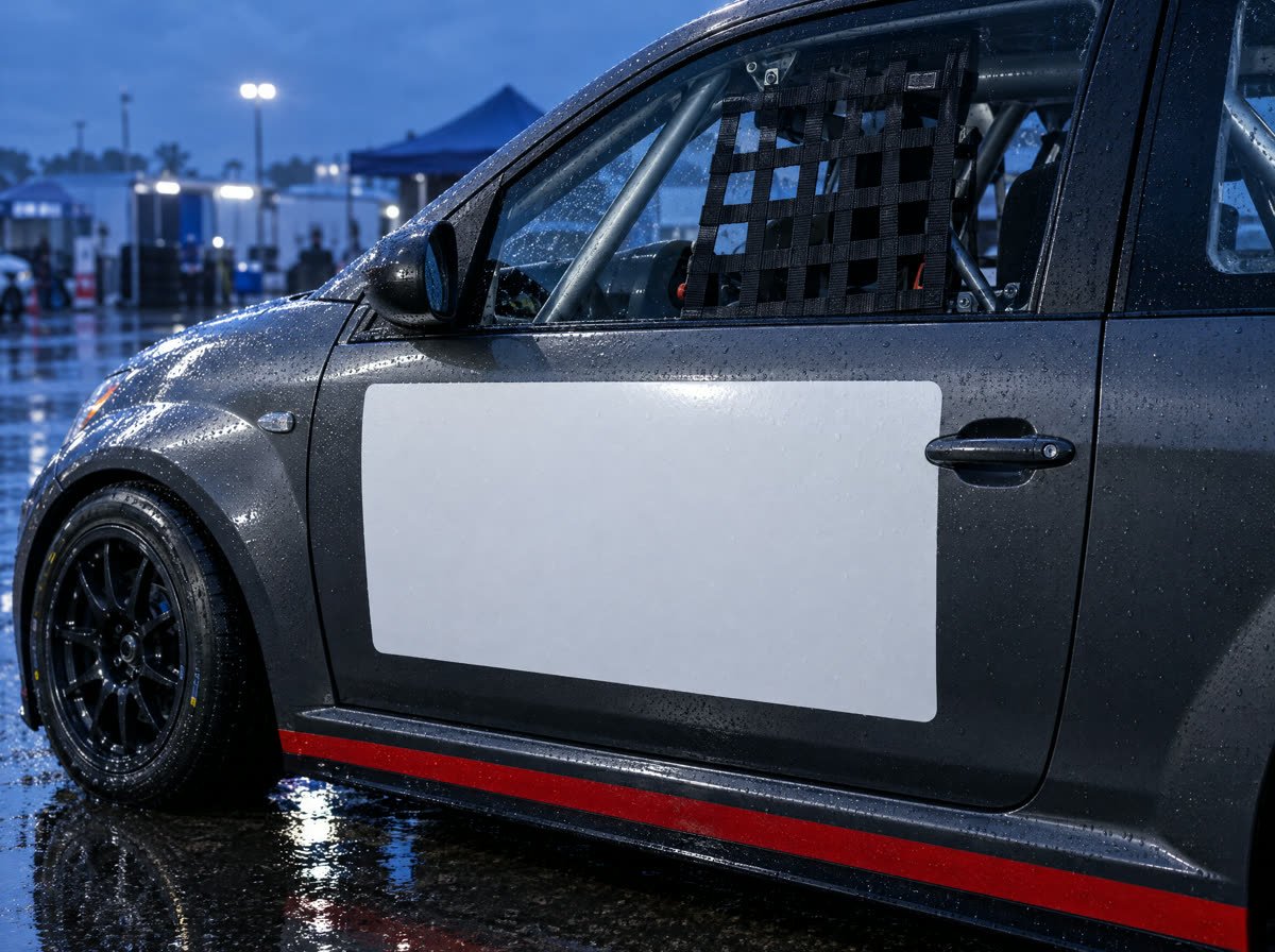 A blank white panel on a club race car's door, waiting for a sponsor's logo