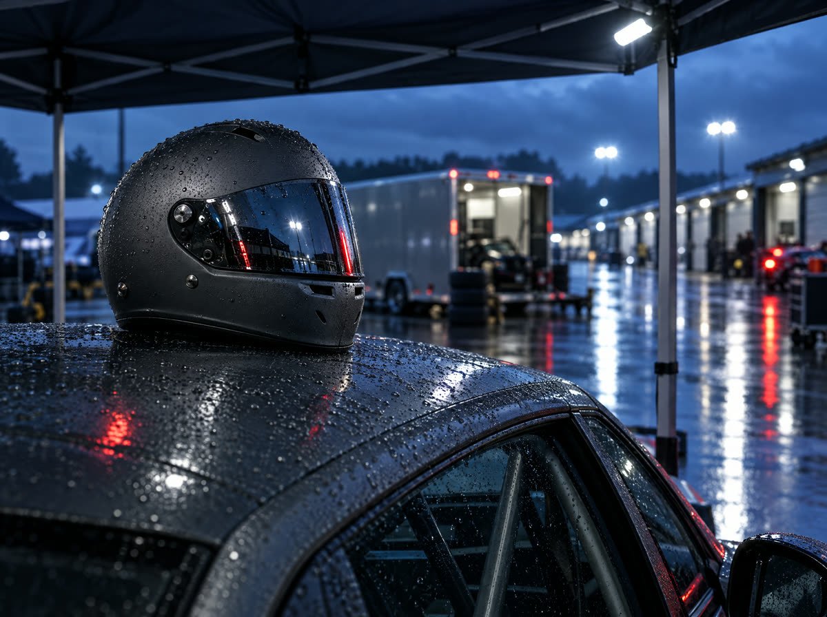 A rain-covered helmet resting on a race car's roof under a paddock gazebo at dusk
