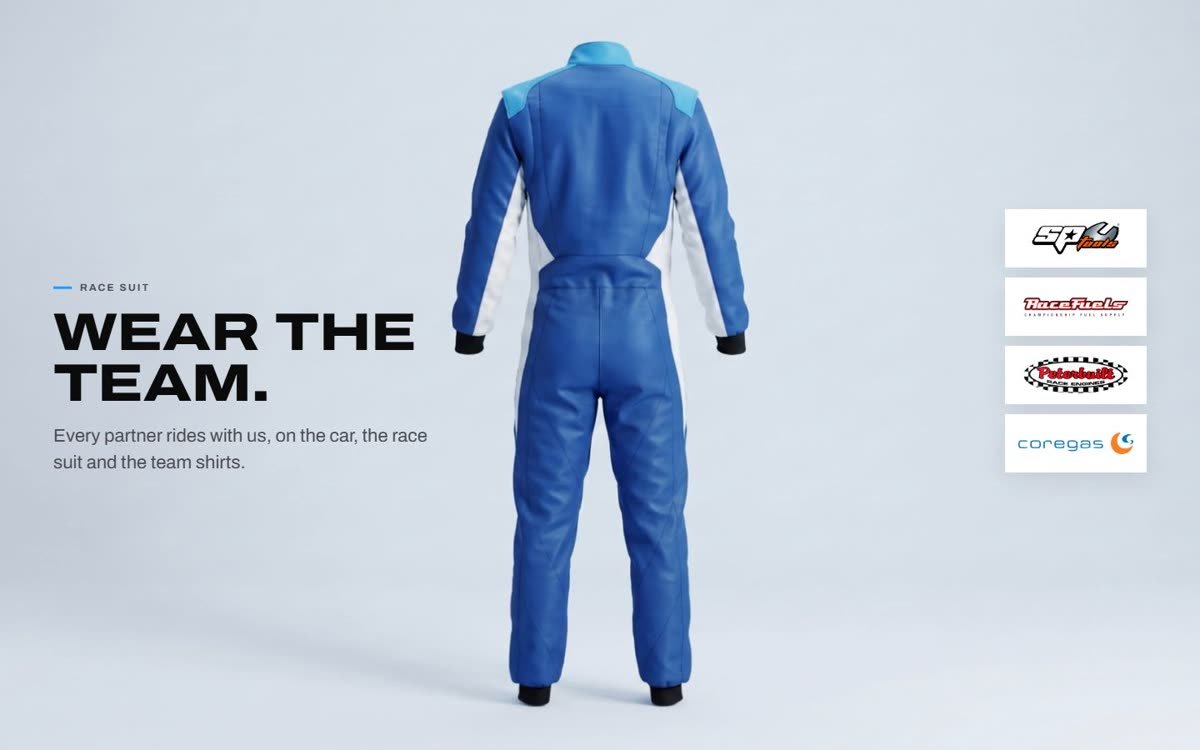 Race suit spin showing where partner logos sit