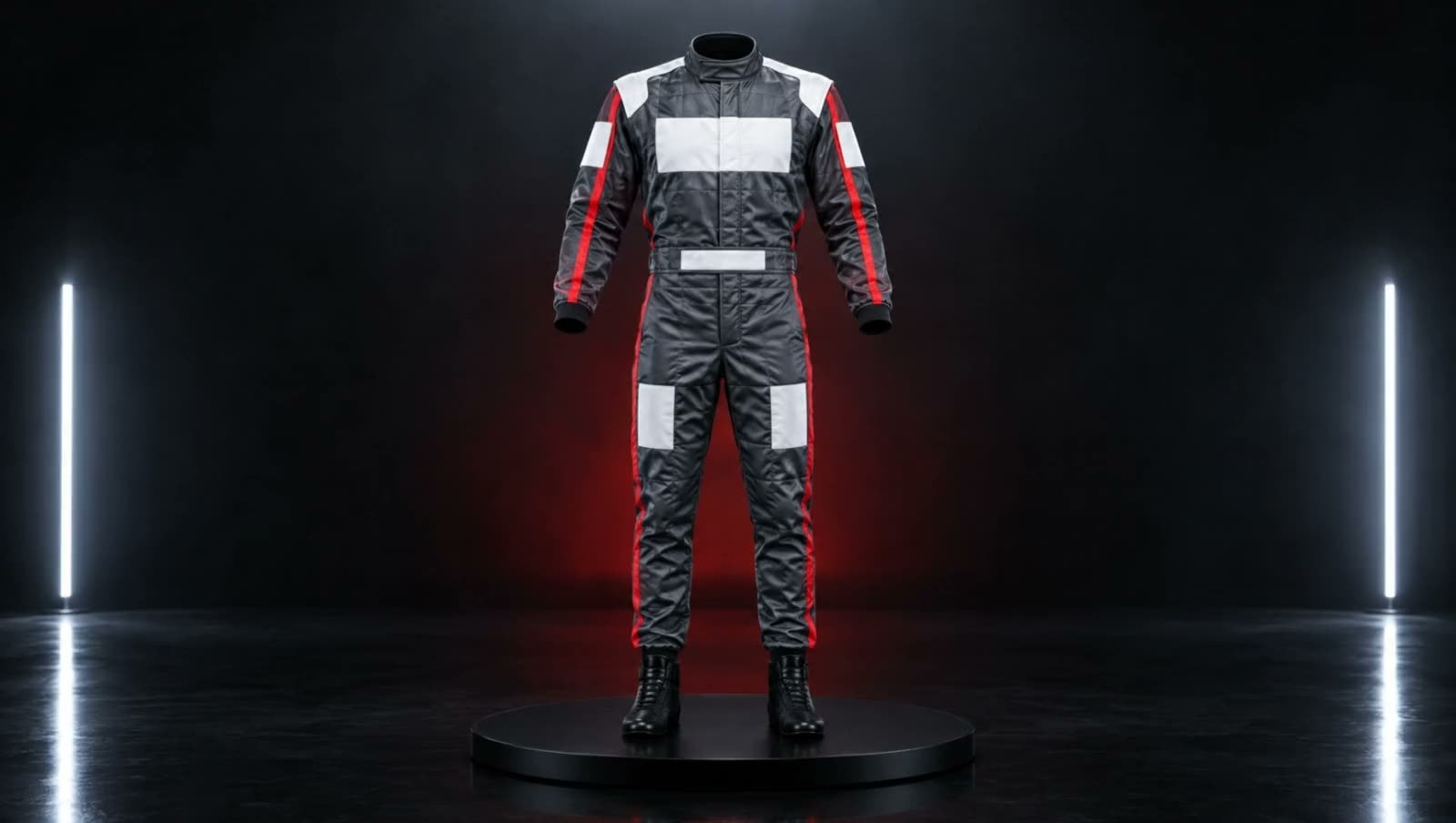 A demo race suit with blank white sponsor patches on a studio turntable